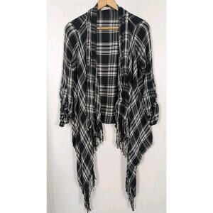 Altar'd State Large L Black White Plaid Asymmetrical Open Shirt Fringe Altered